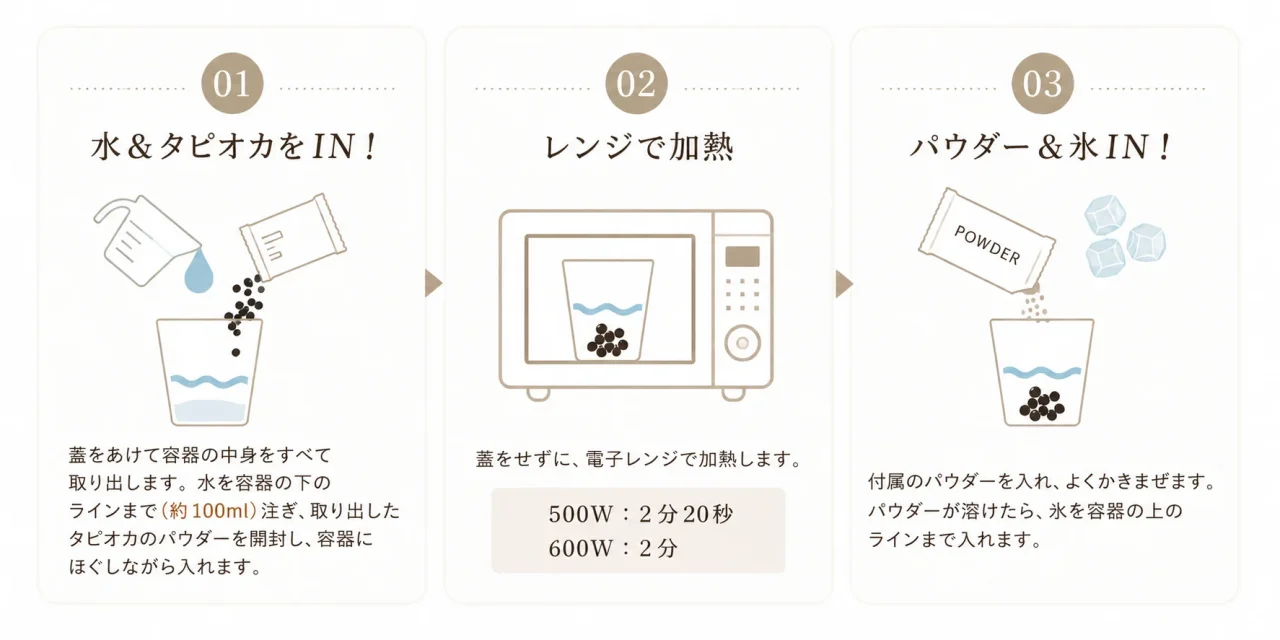 プーリータピオカドリンクの3ステップ調理手順図解