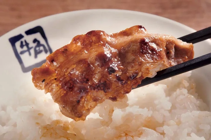 箸で持ち上げられた焼肉とごはん