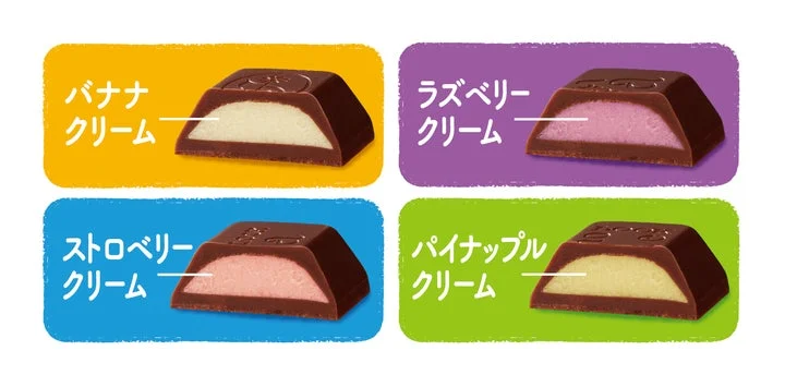 バナナ、ラズベリー、ストロベリー、パイナップルの4種のクリーム入りチョコレートの断面図