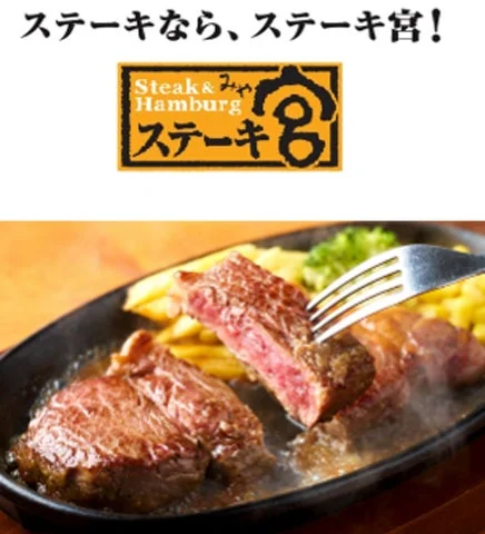ステーキ宮のロゴと、フォークで肉を切り分ける鉄板ステーキの写真