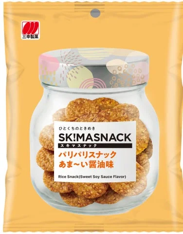 ガラス瓶モチーフのパッケージに入ったパリパリスナック あま～い醤油味