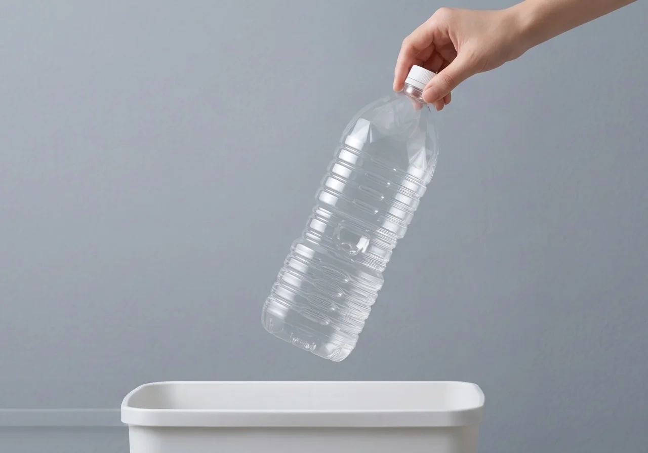 おいしい水 2Lラベルレスのペットボトルを手に持ち、分別容器へ入れる様子