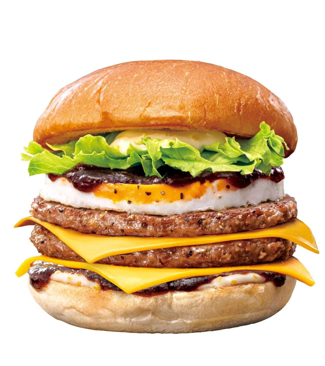 ダブル月見チーズバーガーのパティとチーズを重ねた外観