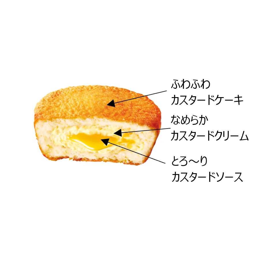 カスタードケーキの断面図。ふわふわケーキ、カスタードクリーム、ソースを矢印で示す