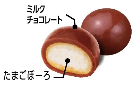 ちびさくミルクチョコレートの断面図で、たまごぼーろとミルクチョコレートの構造を示す