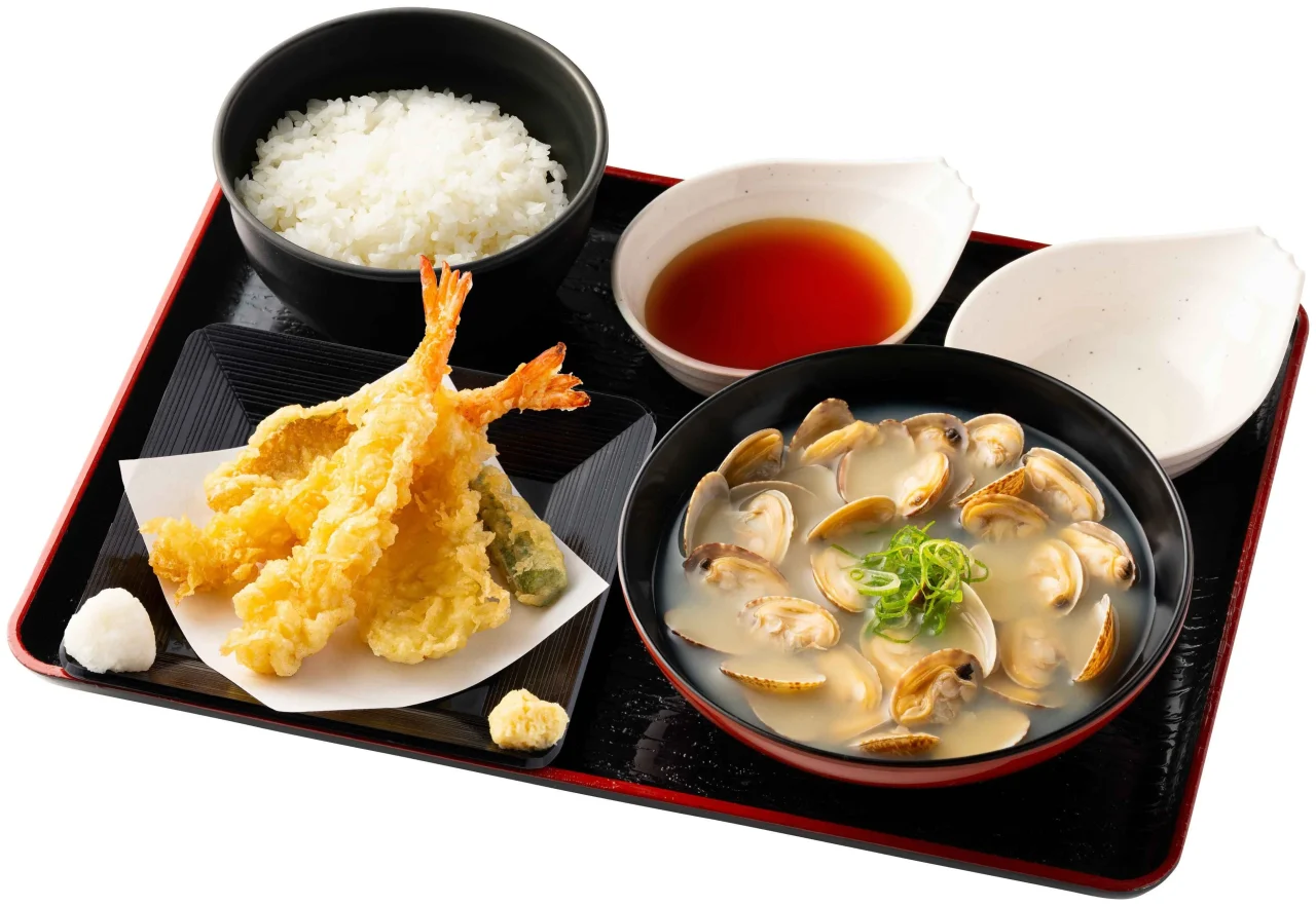 海老天盛り貝汁定食。貝汁、海老天盛り、ライスのセット