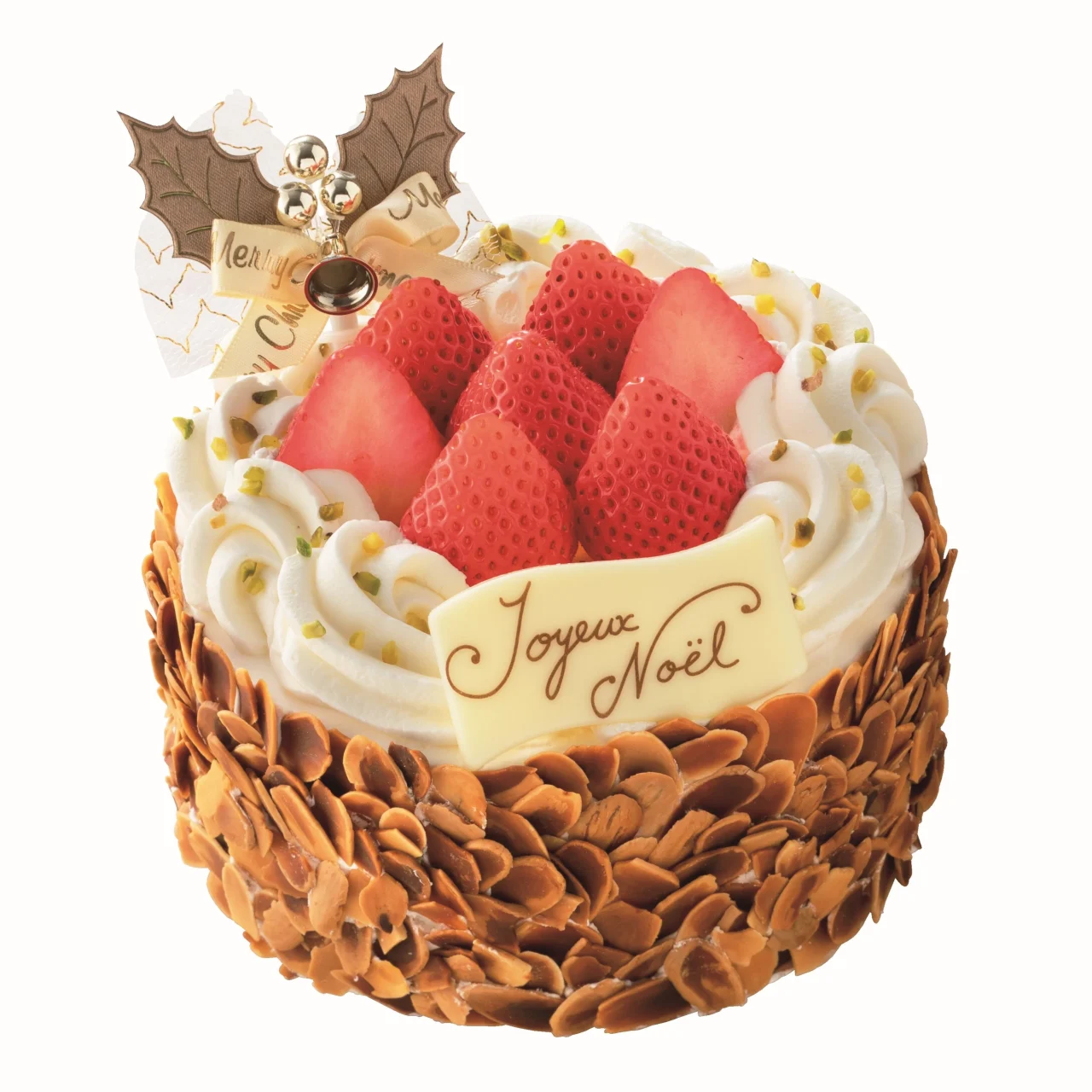 ミルフィーユ・シャンティのクリスマスケーキ。いちごとホイップクリーム、アーモンドを飾り、柊のピックとJoyeux Noëlのチョコプレートが付いている。