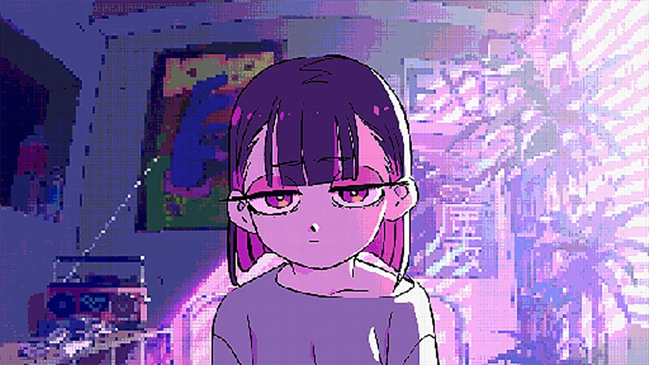 ずっと真夜中でいいのに。のイラスト。紫髪で眼鏡をかけた人物が描かれている。