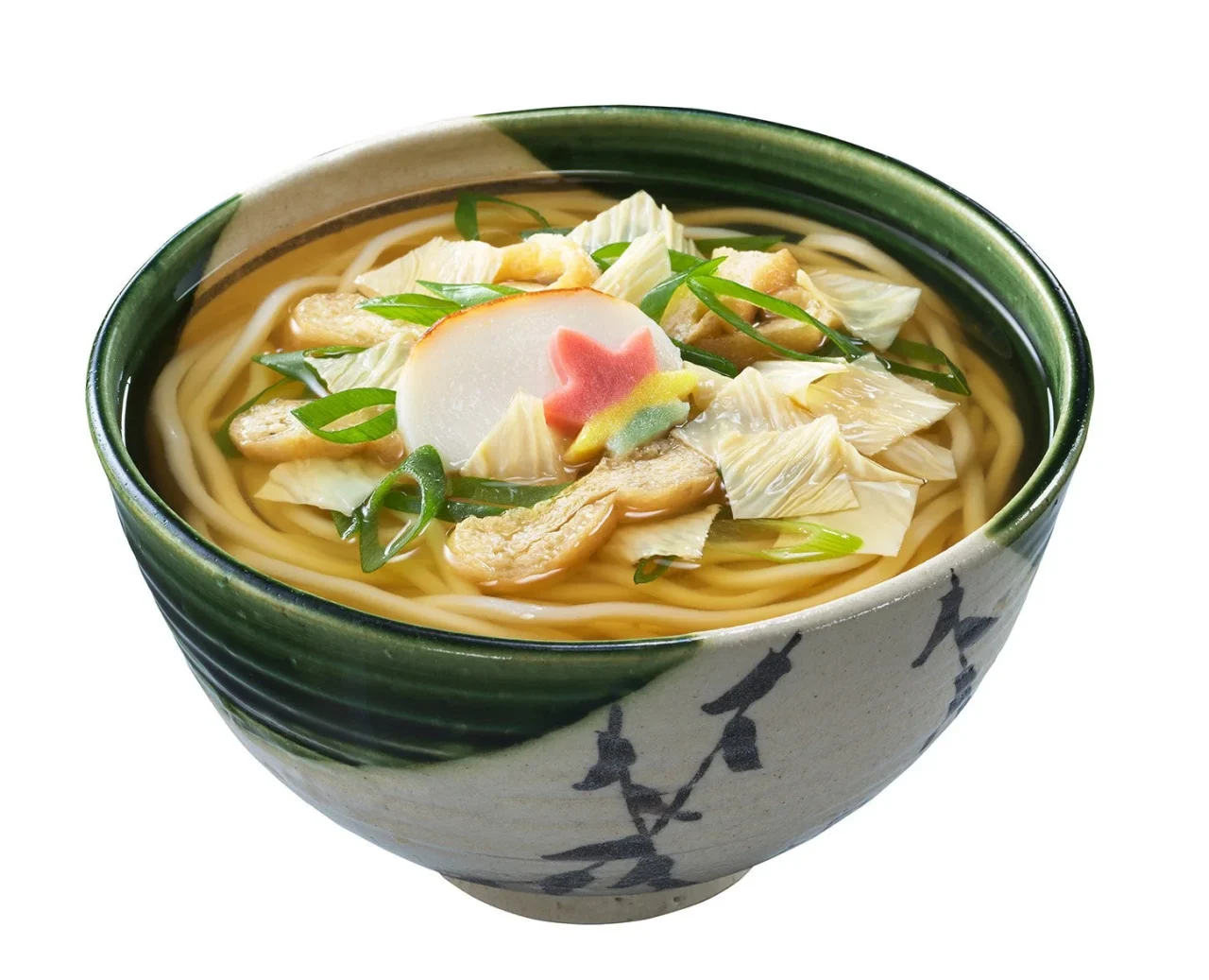 お水がいらない 京風だしのおうどんの完成品。緑釉の丼に、細麺とだし、かまぼこ、ゆば、九条ねぎなどが盛り付けられている。