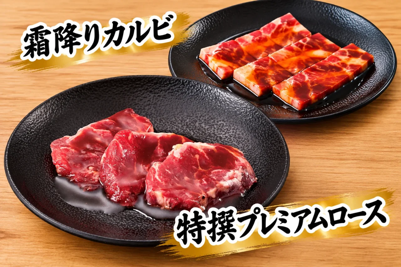 霜降りカルビと特撰プレミアムロースの生肉を黒皿に盛り付けた写真
