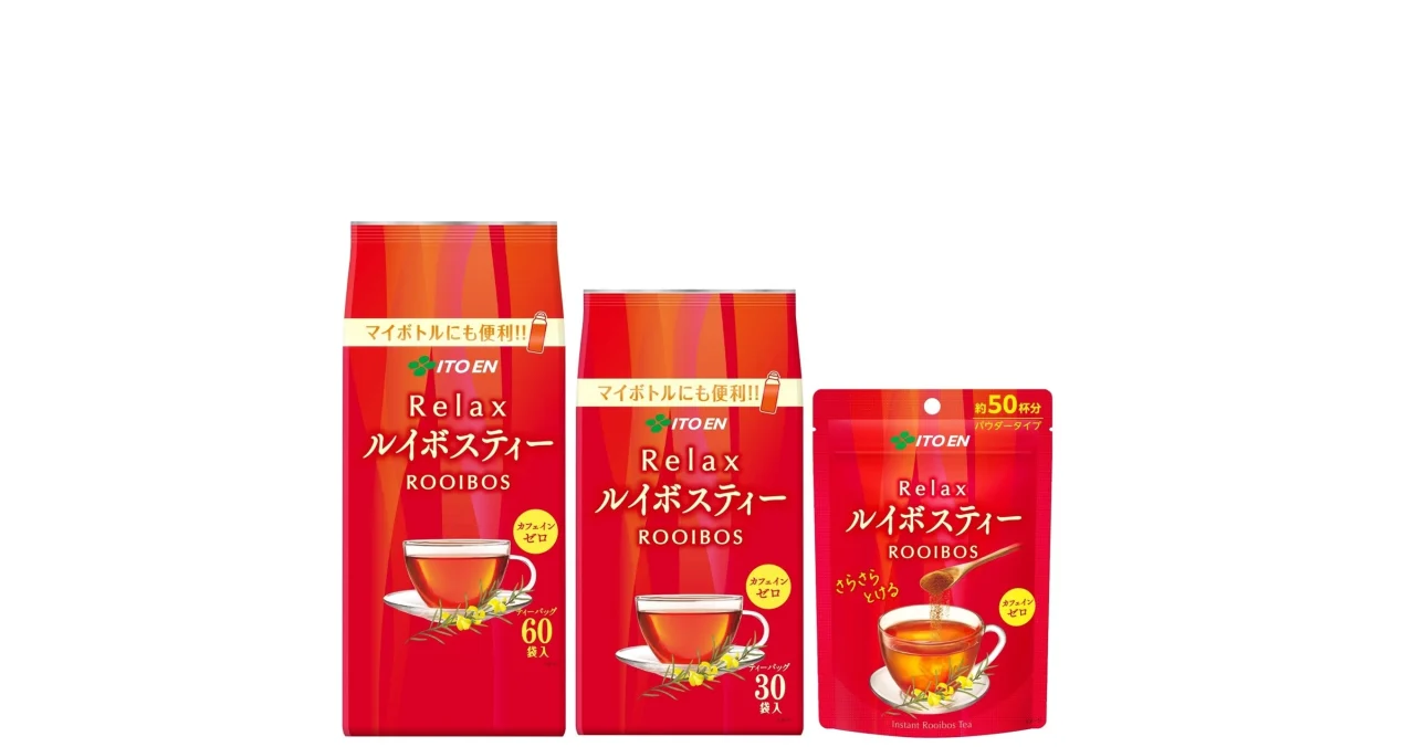 Relax ROOIBOSのティーバッグとインスタント製品の赤いパッケージ