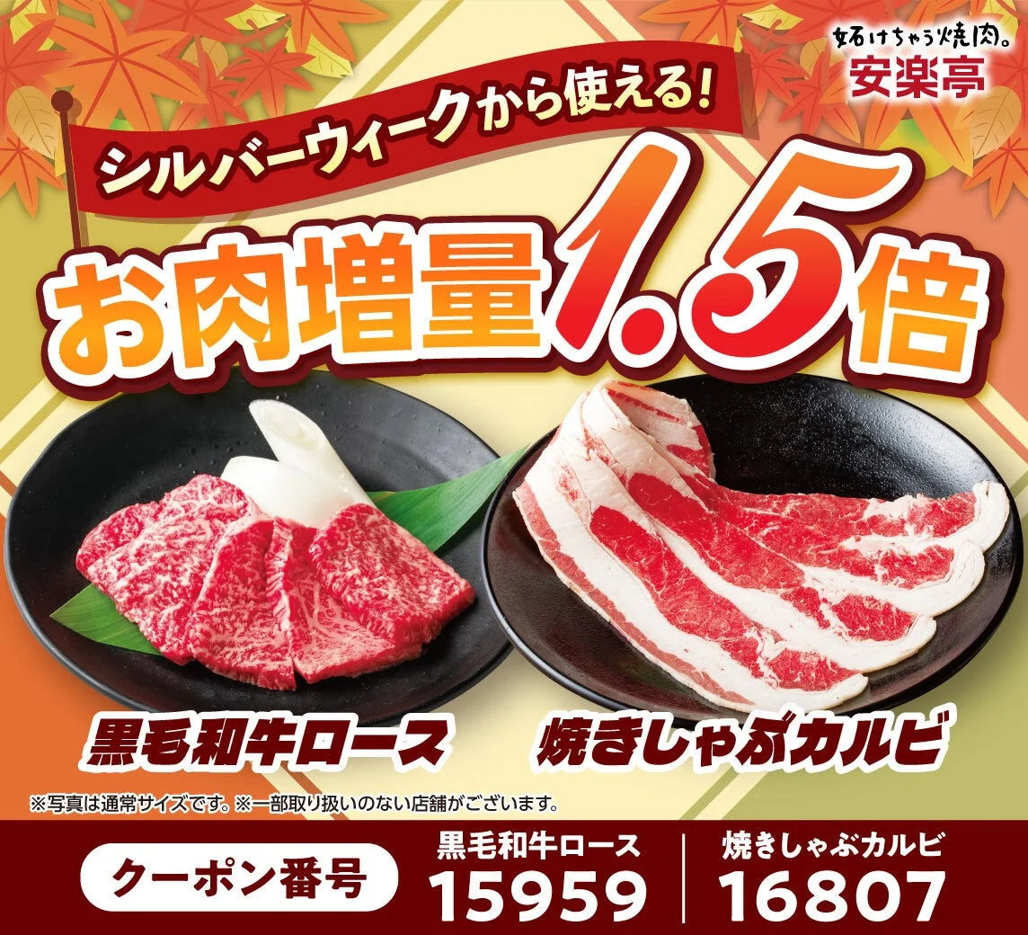 黒毛和牛ロースと焼きしゃぶカルビの1.5倍増量クーポン告知ビジュアル