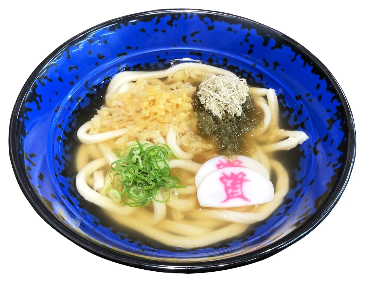 資さんうどんのかけうどんに天かすととろろ昆布をトッピングした様子