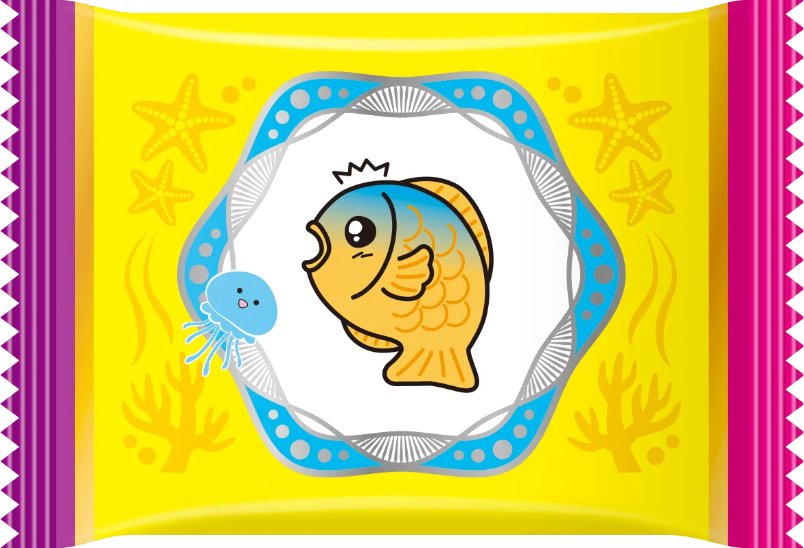 驚いた表情の魚キャラクターとクラゲが描かれた個包装パッケージ。
