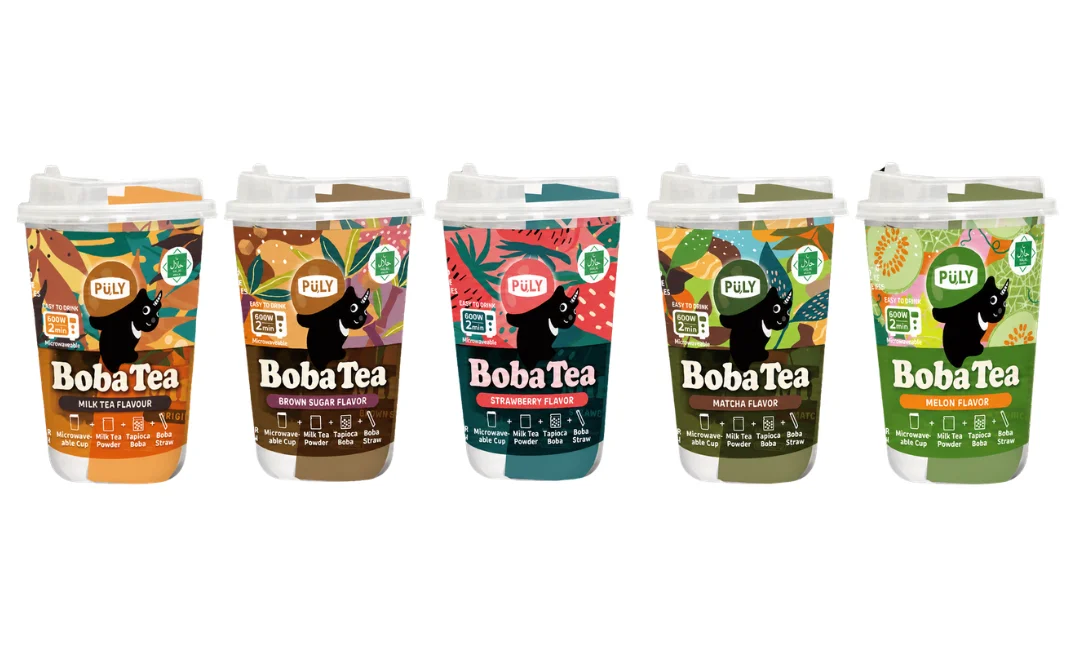 ミルクティー、黒糖、ストロベリー、抹茶、メロンの5種類のプーリータピオカドリンク