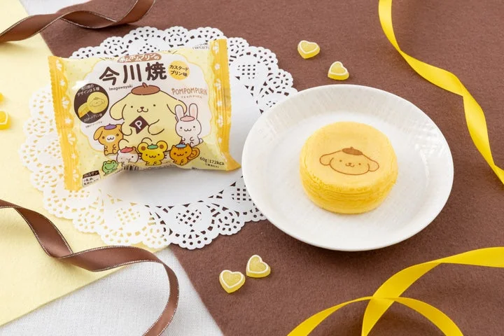 ポムポムプリンの焼印が入った今川焼とパッケージ