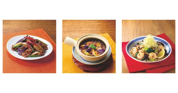 左から茄子の回鍋肉、特製麻婆茄子、海南海老炒麺が並んだ料理写真。