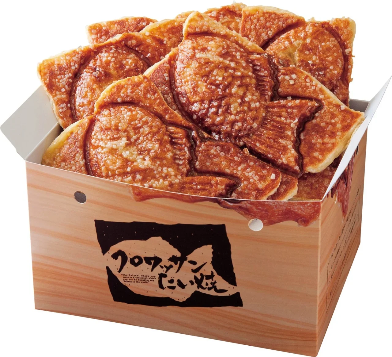 クロワッサンたい焼が詰められた木目調のBOX