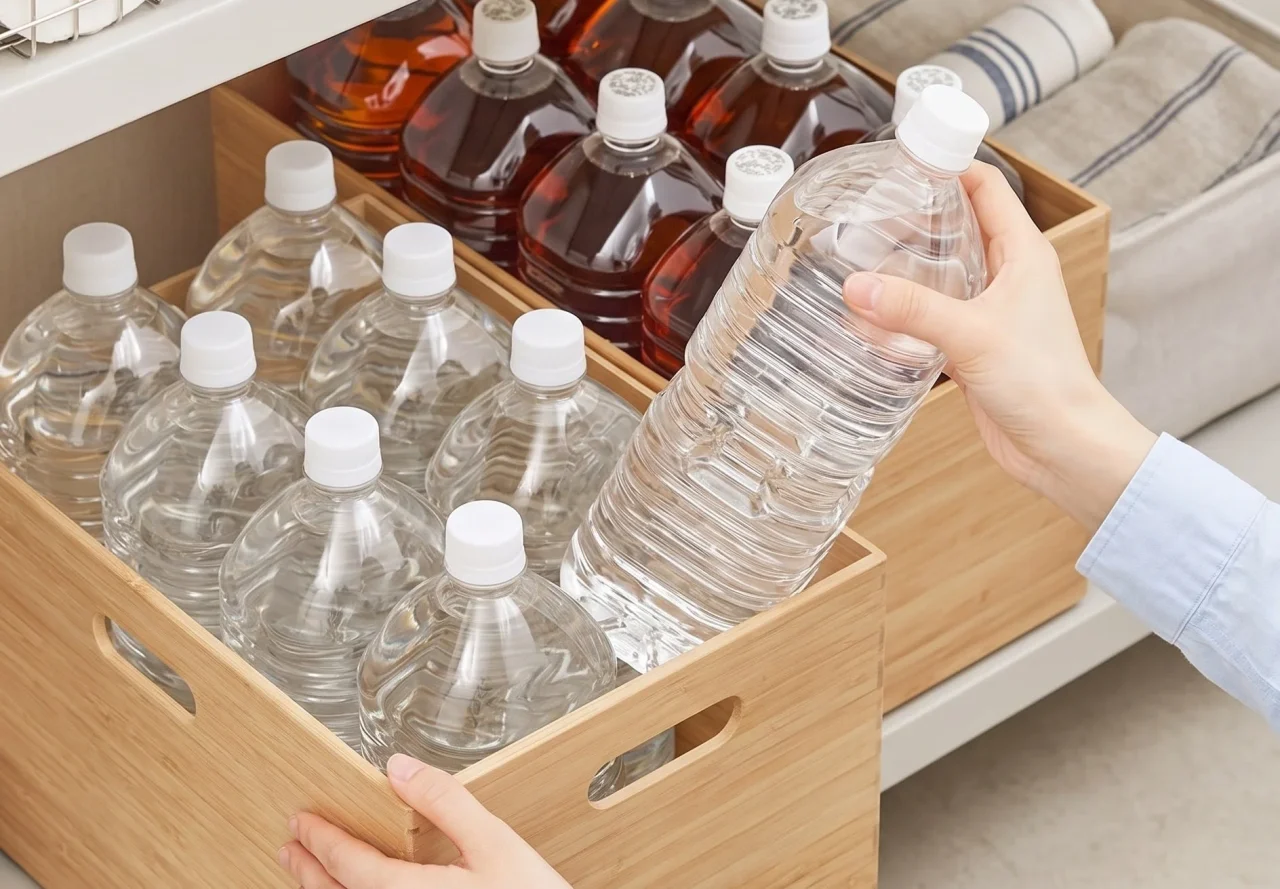 おいしい水 2Lラベルレス 6本入りを木箱に収納し、1本を取り出す様子