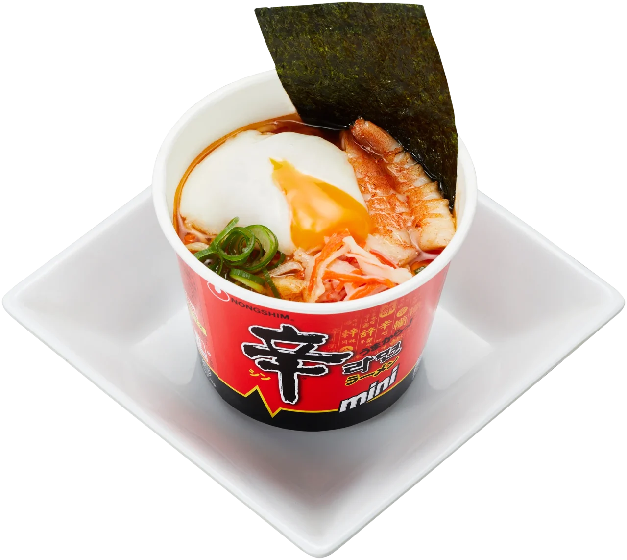 鯛スープの海鮮 辛ラーメン 〜まろやか温玉添え〜。温玉と海苔をトッピングした辛ラーメンミニカップ