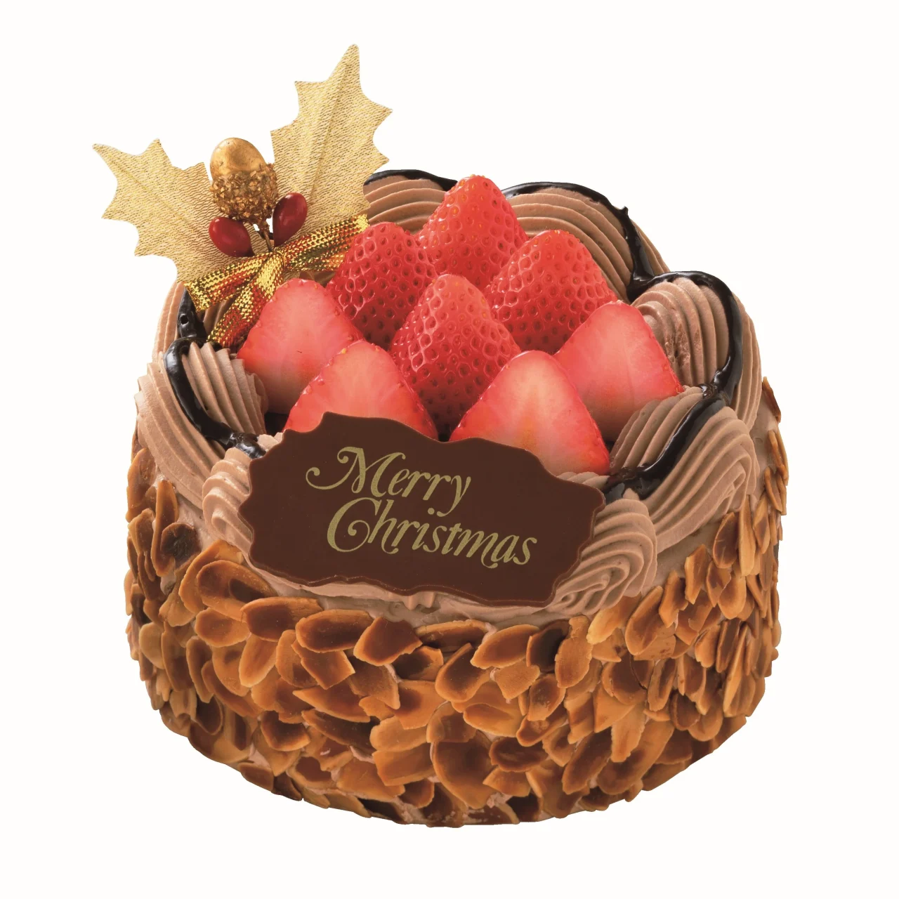 ショコラ・ミルフィーユのクリスマスケーキ。いちごと金色の飾り、Merry Christmasのチョコプレートが添えられている。