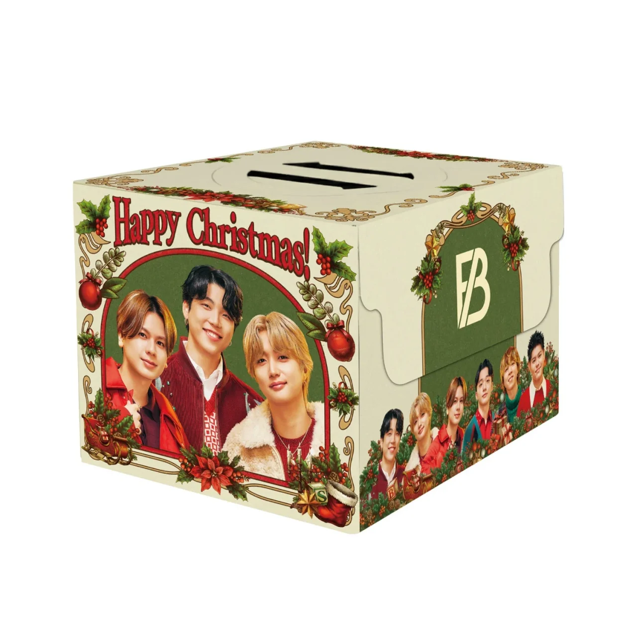 BE:FIRSTメンバーの写真とHappy Christmasの文字が描かれたオリジナルケーキボックス