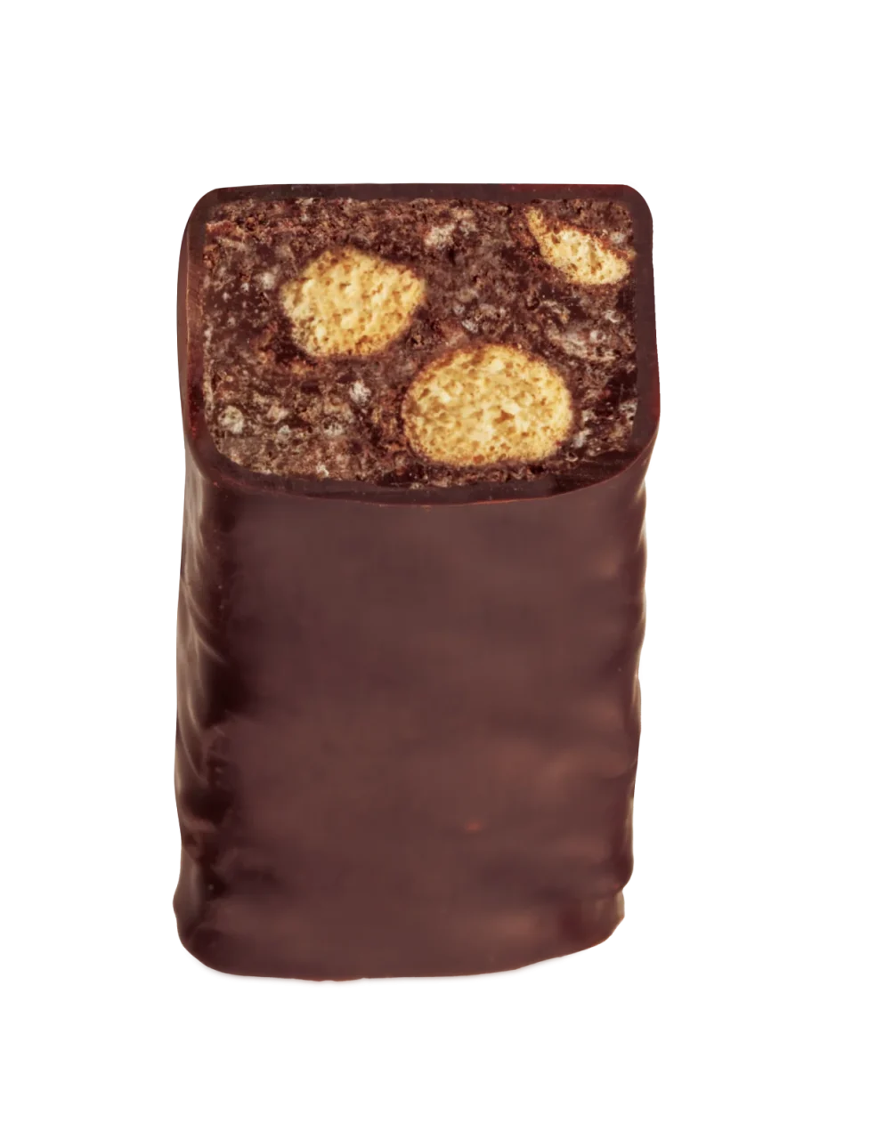 今日のカカオ72%の断面。チョココーティングにビスケットとフィアンティーヌ