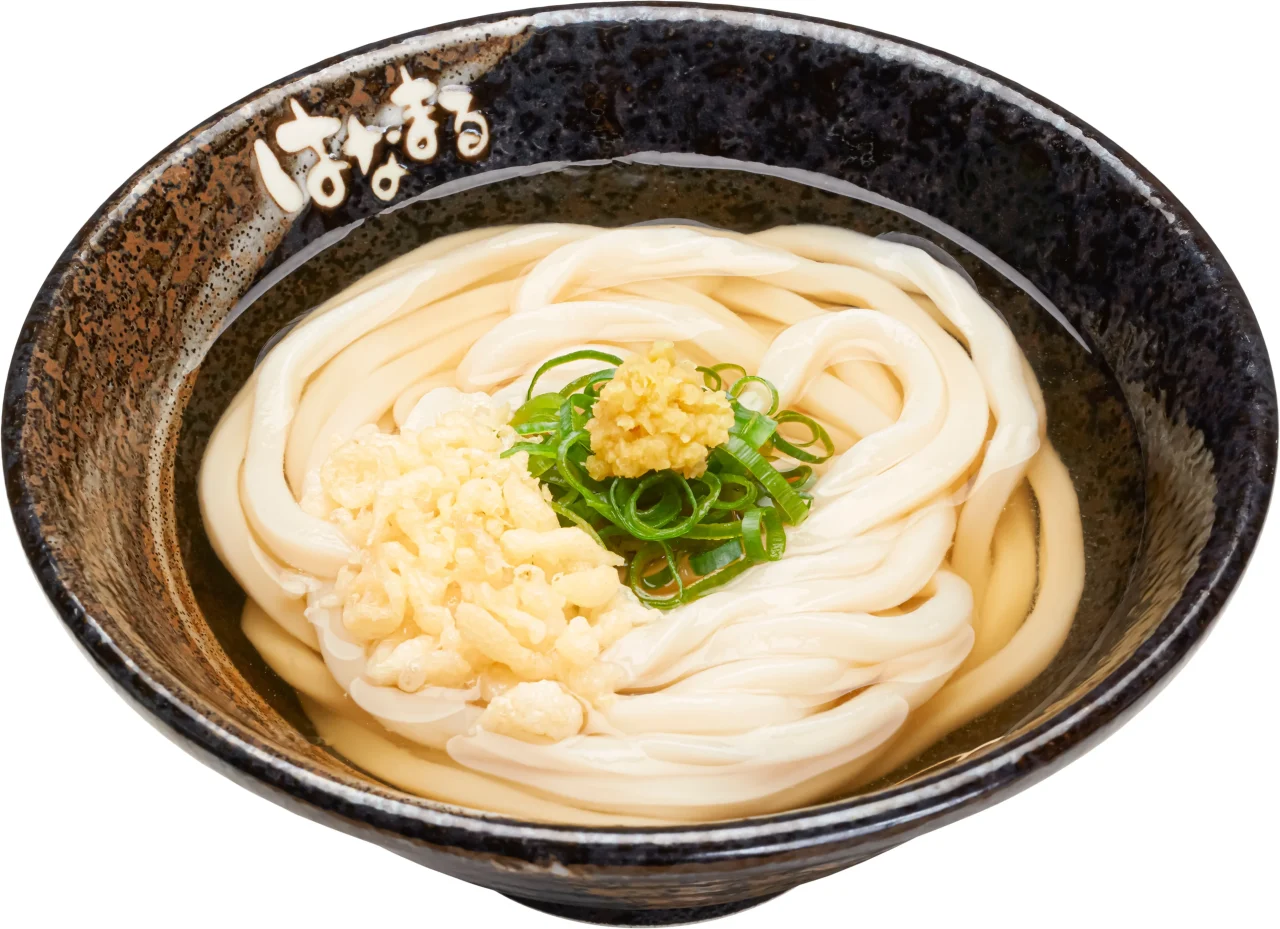 はなまるうどんのかけうどん。黒い丼にうどん、ネギ、天かす、いりこが乗っている。
