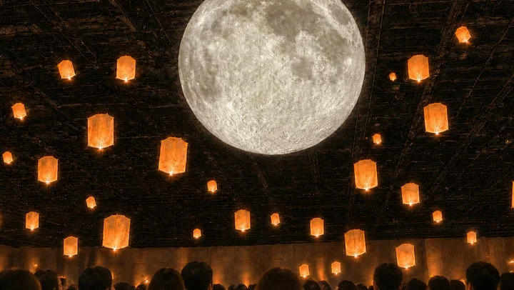 イベント会場での幻想的なLEDランタン打ち上げ体験の様子