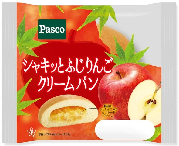 シャキッとふじりんごクリームパンのパッケージと中身の断面図