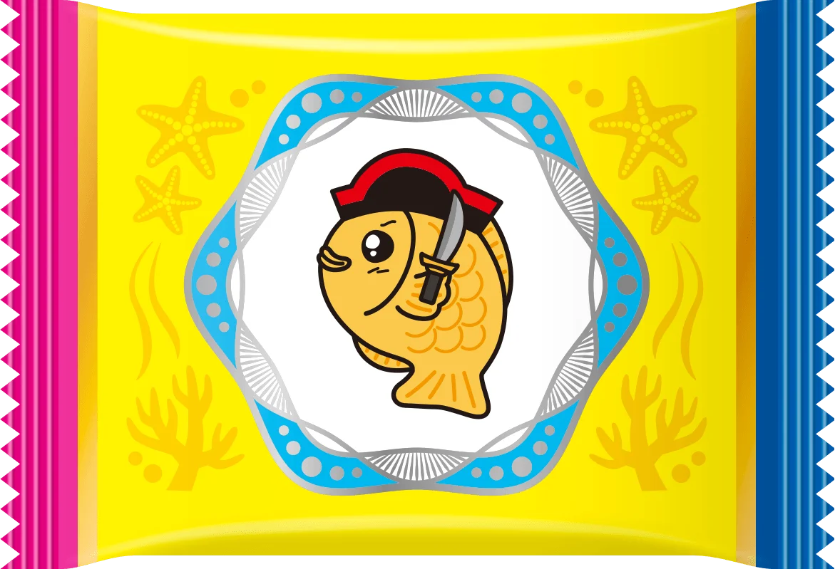 海賊の帽子をかぶり剣を持った魚キャラクターが描かれた個包装パッケージ。
