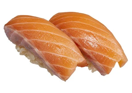 白身ご飯の上にノルウェー産の生サーモンをのせた握り寿司2貫