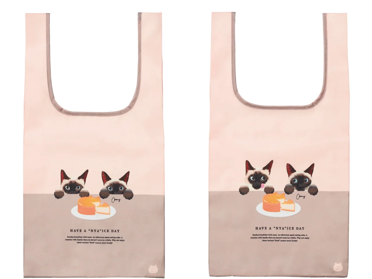 ファミリーマートオリジナルトートバッグの表裏。ねこイラストとケーキのデザイン