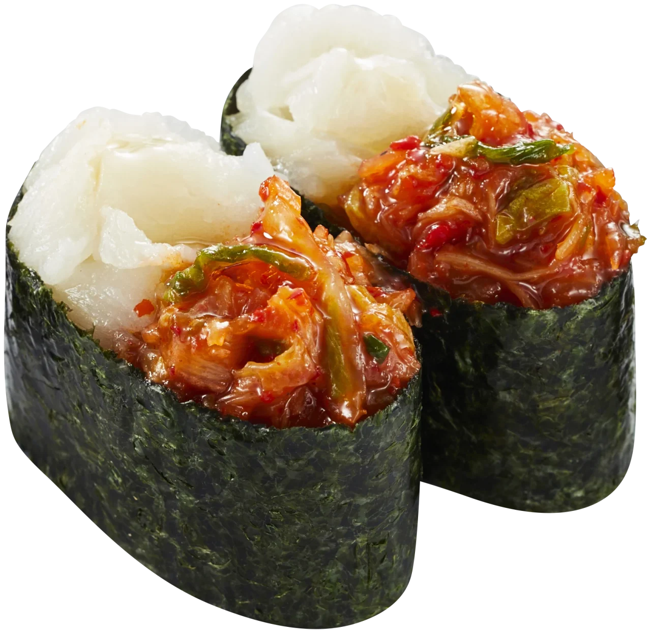 李朝園 ごま油香るキムチえんがわ軍艦の2貫。海苔巻きに白い魚と赤いキムチが乗っている。