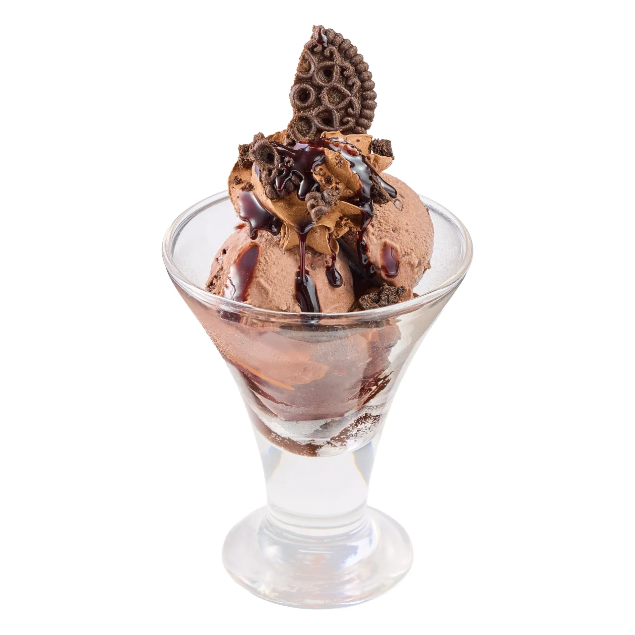 THE チョコレートonlyパフェ。グラスに重ねたチョコアイスとブラウニー、チョコソースのデザート