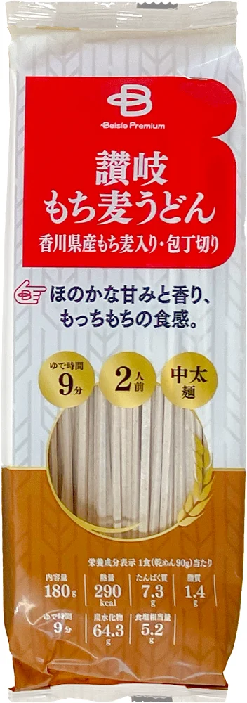 Beisia Premium 讃岐もち麦うどんのパッケージと中身の乾麺