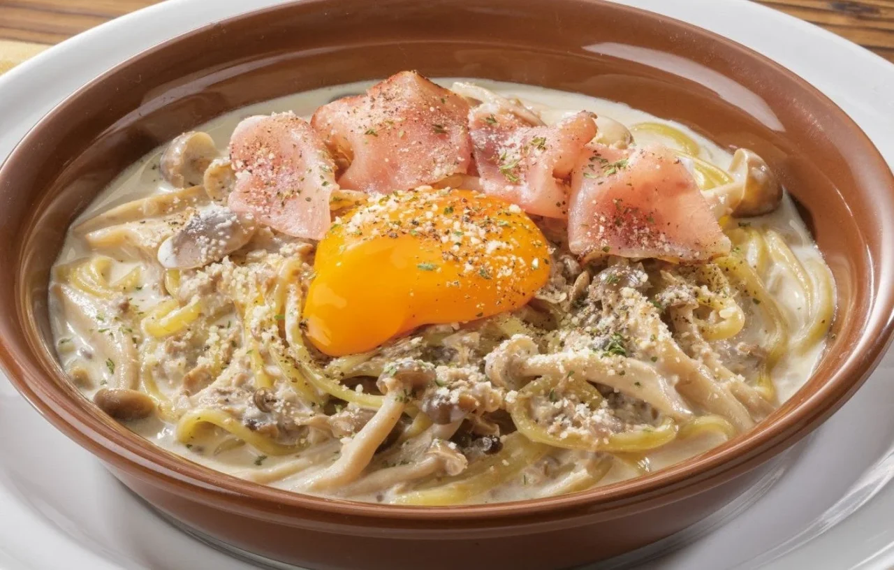きのこと炙り生ハムのデュクセルソースパスタ。温玉とチーズを添えたパスタ