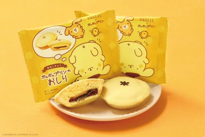 ポムポムプリンのおしりが描かれたタルトとパッケージ
