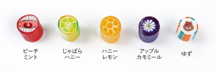のど飴ミックスの5種類のフレーバーとそれぞれの絵柄。
