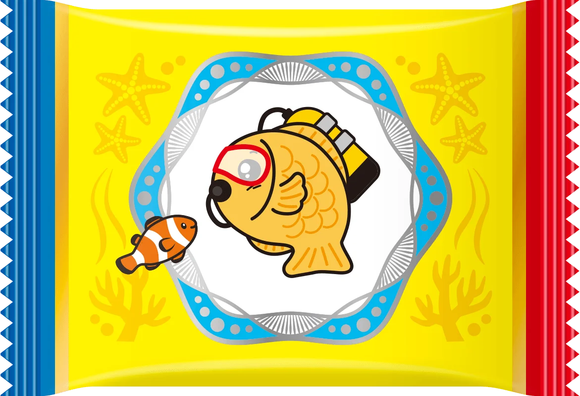 ダイビング装備をした魚キャラクターとクマノミが描かれた個包装パッケージ。