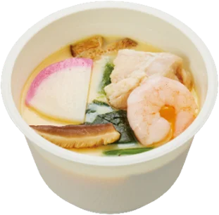 お持ち帰り用 茶碗蒸し。えびや椎茸、青菜が入った容器に入った茶碗蒸し