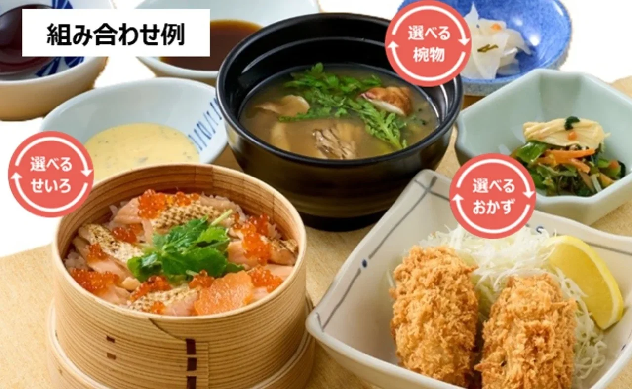 秋のせいろ蒸し御飯膳の組み合わせ例。せいろ、おかず、椀物