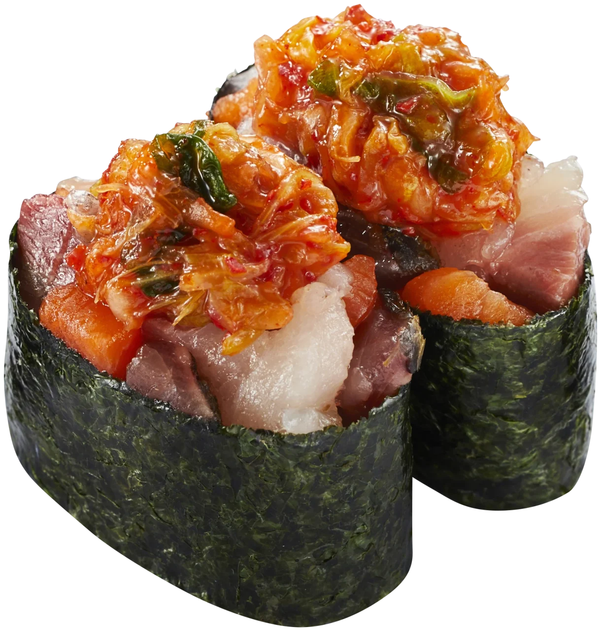 李朝園 キムチ海鮮たたき軍艦の2貫。海苔巻きに海鮮とキムチをのせた外観。