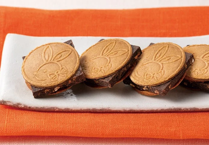 鎌倉チョコサンドだょの断面とクッキー部分