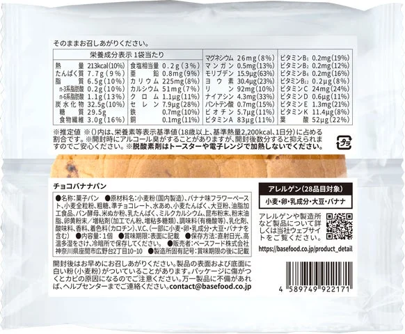 チョコバナナパンのパッケージ裏面(栄養成分表示)