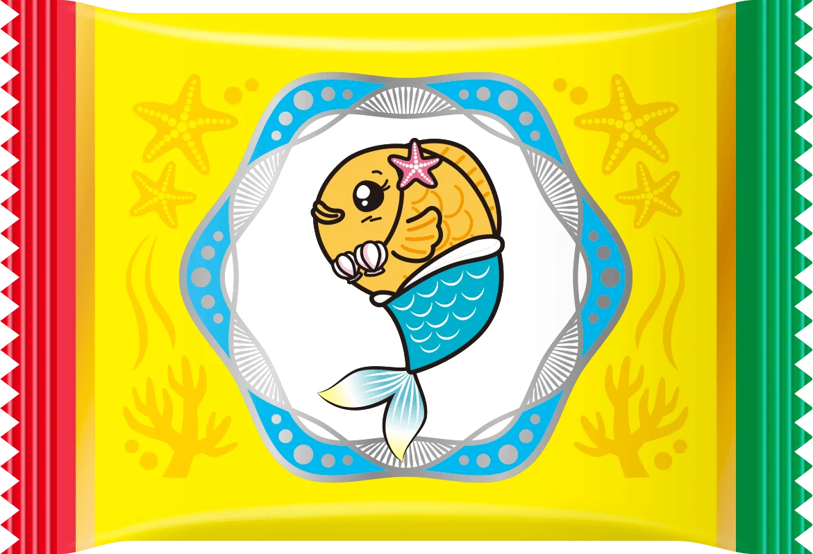 人魚の格好をした魚キャラクターが描かれた個包装パッケージ。