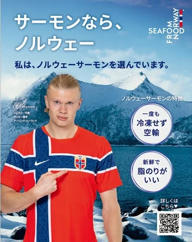 ノルウェー代表ユニフォームを着たサッカー選手と、ノルウェーの山岳風景を背景にしたポスター
