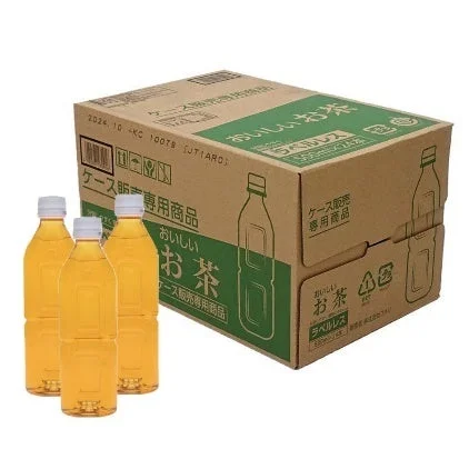 おいしいお茶 ラベルレス 500mL×24本入りのケースとボトル