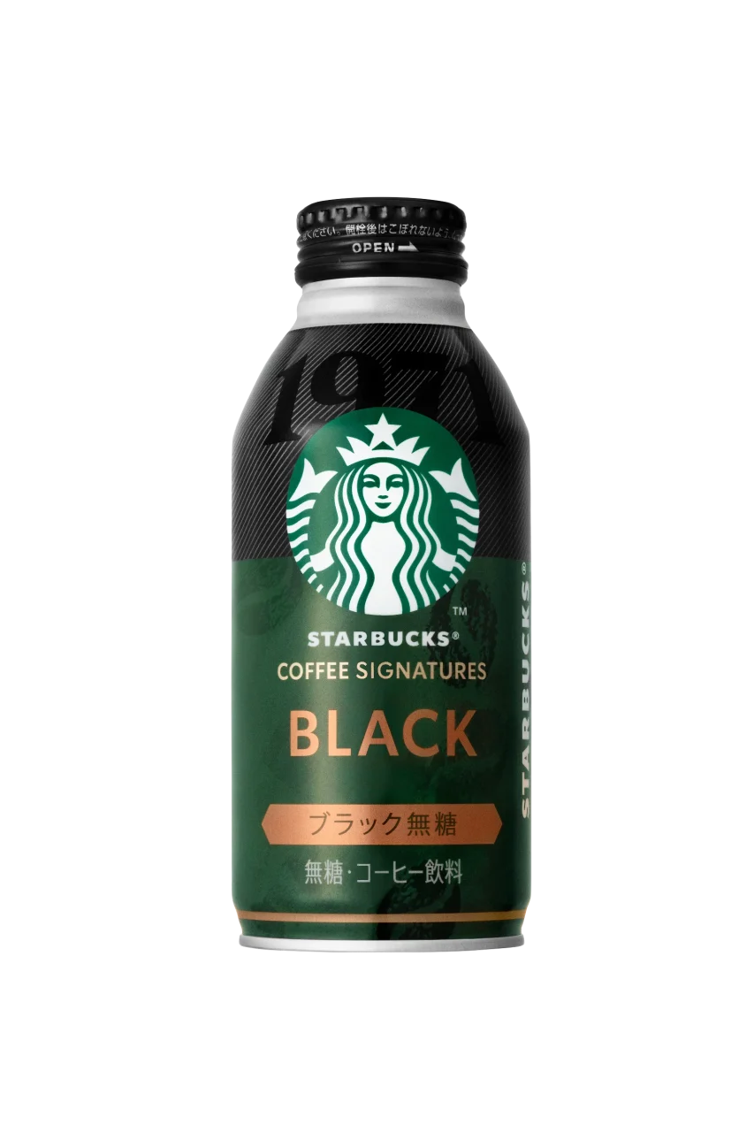 スターバックス® COFFEE SIGNATURES BLACKのボトル缶。緑と黒のデザインで、19