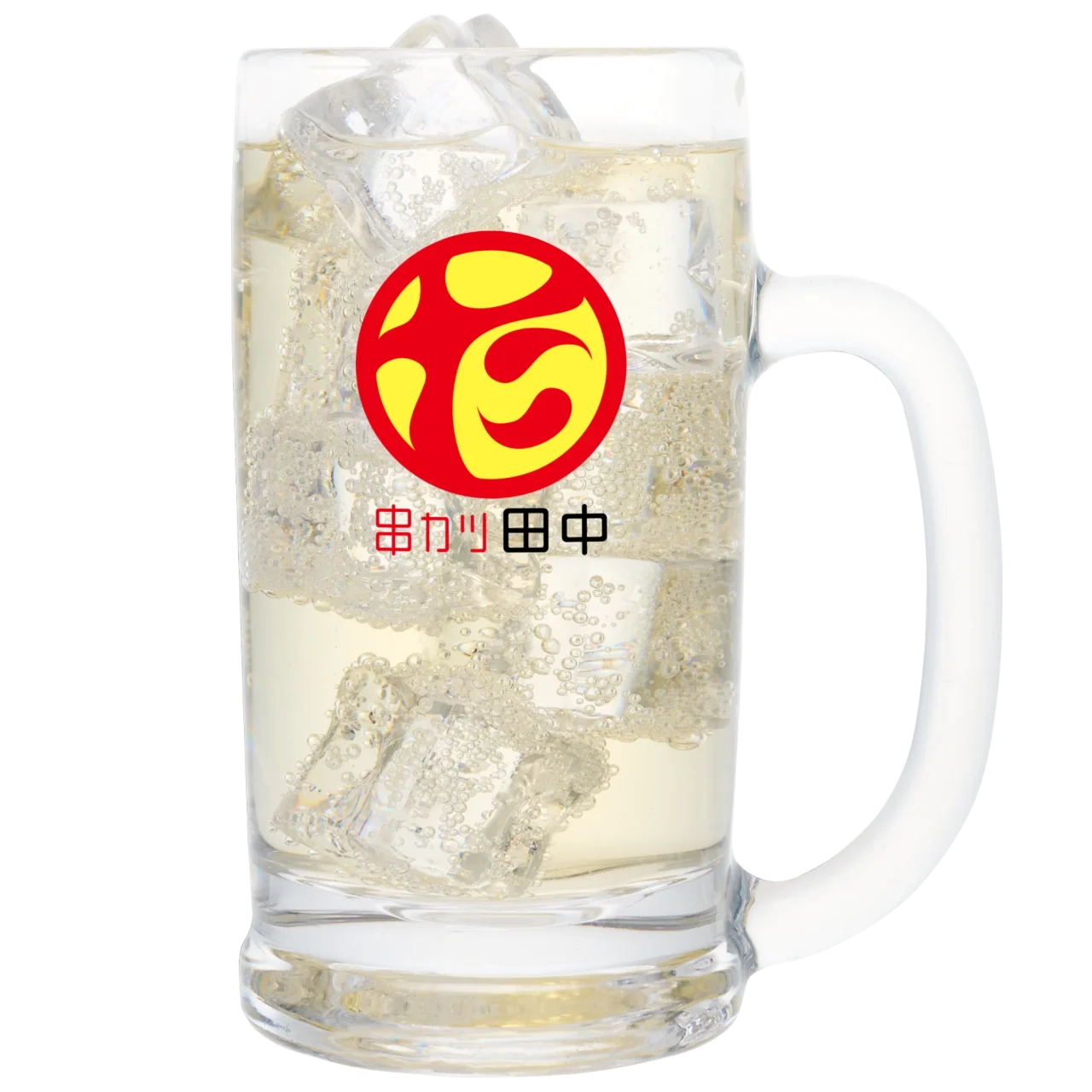 無限ハイボール(トリス)のグラス。氷と炭酸、串カツ田中のロゴ入り。